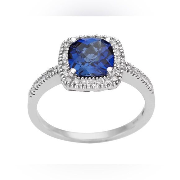10k White Gold Lab-Created Sapphire & 1/5 Carat T.W. Diamond Cushion Halo Ring - Picture 2 of 8